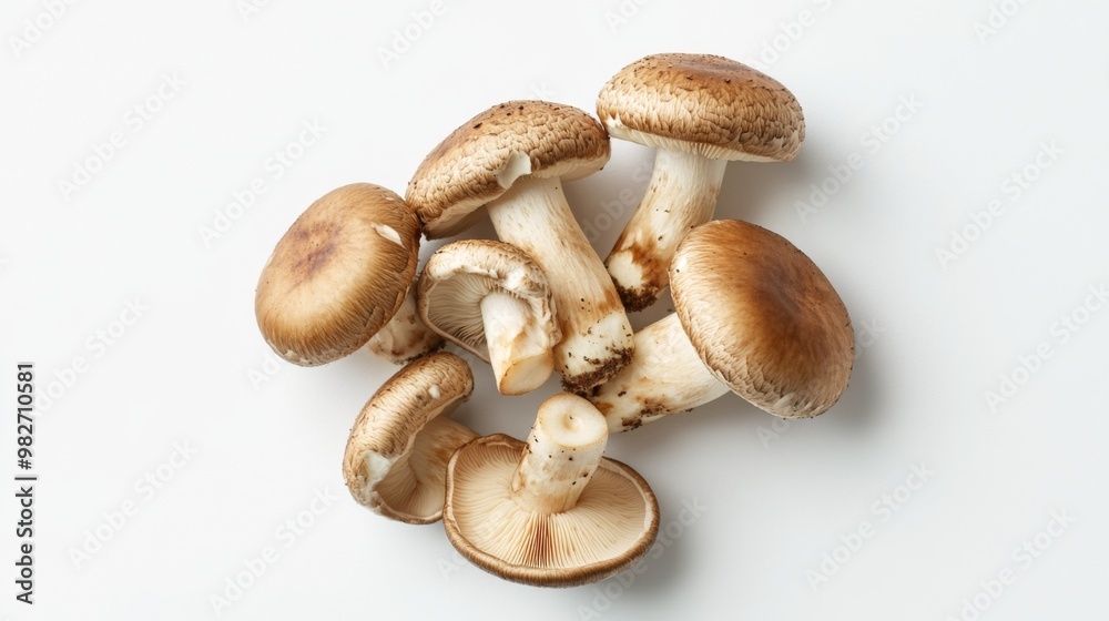 A bunch of shiitake mushrooms displayed on a minimalist white background, with soft shadows adding depth and dimension to their natural form. A bunch of shiitake mushrooms displayed on a minimalist white background, with soft shadows adding depth and dimension to their natural form.