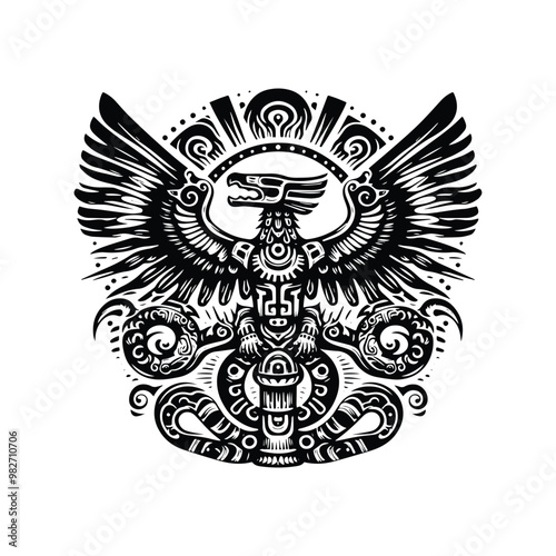 Quetzalcoatl with tarot card in black and white illustrations, cutout graphic