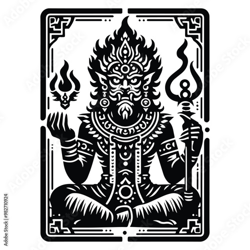 Rakshasa with tarot card decoration in black and white illustrations, cutout graphic