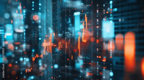 candlestick chart on blurry city backdrop. Trade, technology, investment and analysis concept. Double exposure