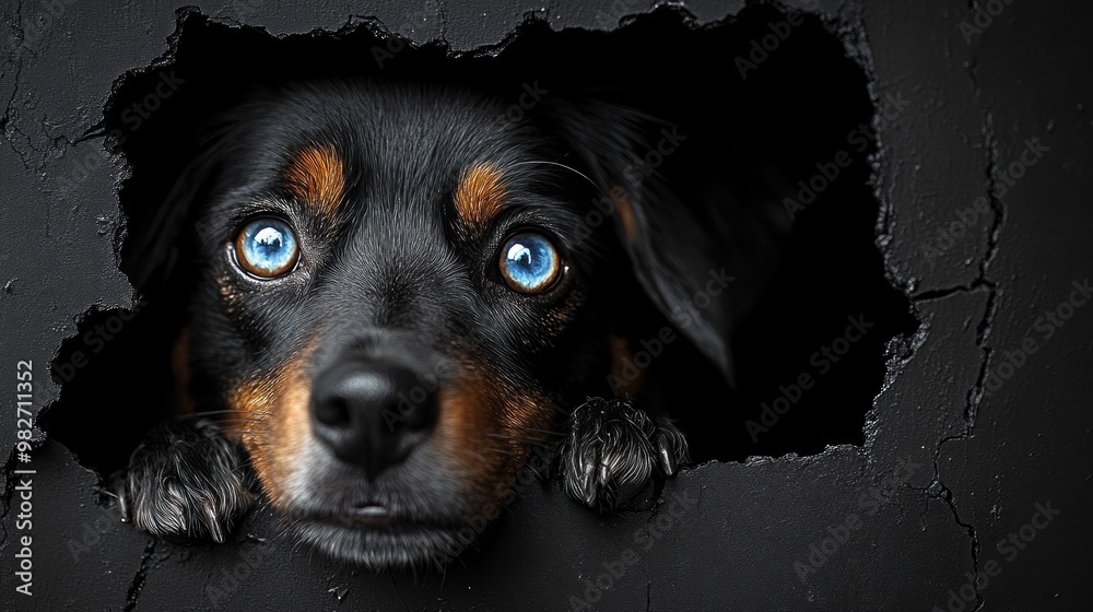 A dog peering through a cracked wall, showcasing its expressive eyes. A dog peering through a cracked wall, showcasing its expressive eyes.