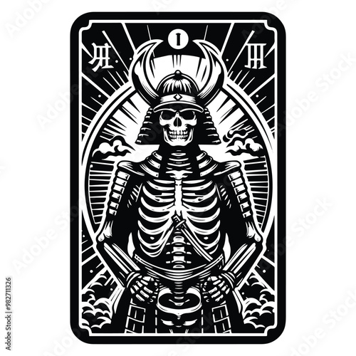 samurai skeleton with tarot card in black and white illustrations, cutout graphic