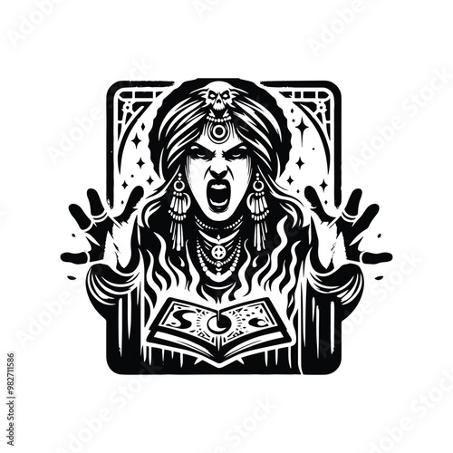 shaman female with tarot card in black and white illustrations, cutout graphic black and white illustration