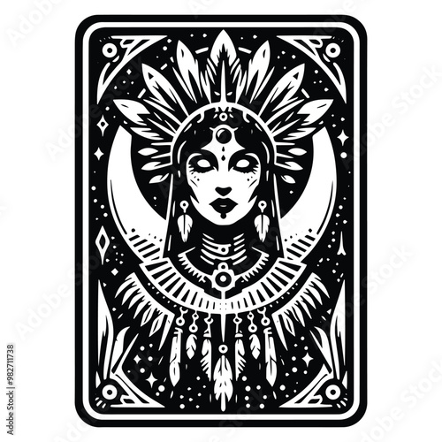 shaman female with tarot card in black and white illustrations, cutout graphic black and white illustration