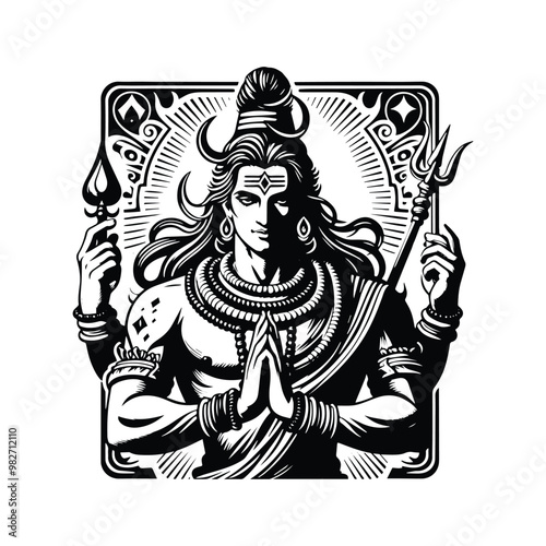 Shiva hindu god with tarot card decoration in black and white illustrations, cutout graphic