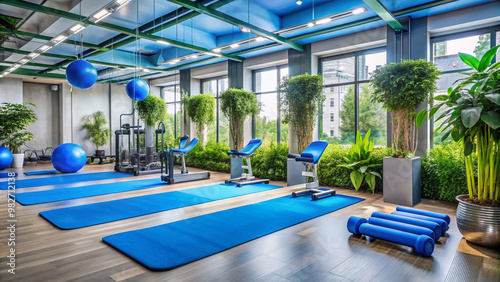 Fitness equipment and bright blue mats scattered around a modern gym, surrounded by vibrant green plants, conveying a sense of happiness and active lifestyle. photo