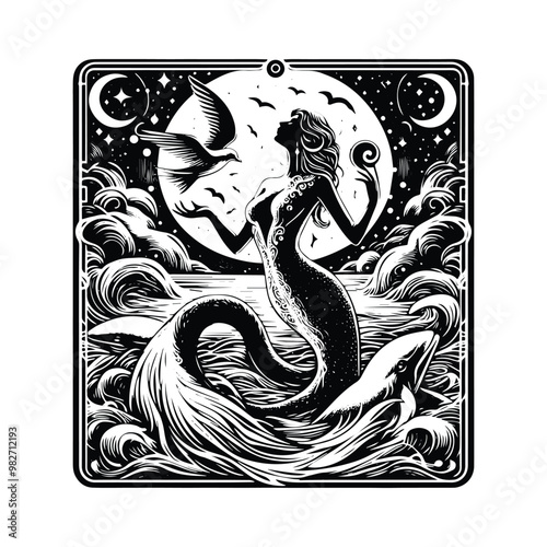 siren creature inside tarot cardc stencil logoc - Image Creator in Bing