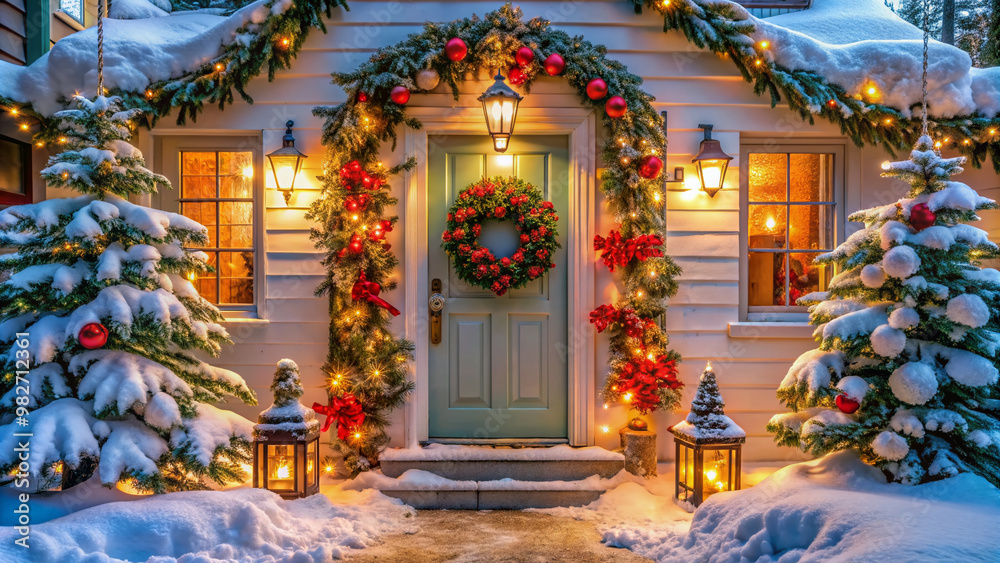 Vibrant winter wonderland scene with festive garland, twinkling lights, and a beautiful wreath adorning a welcoming front door, ready for the holiday season. Vibrant winter wonderland scene with festive garland, twinkling lights, and a beautiful wreath adorning a welcoming front door, ready for the holiday season.