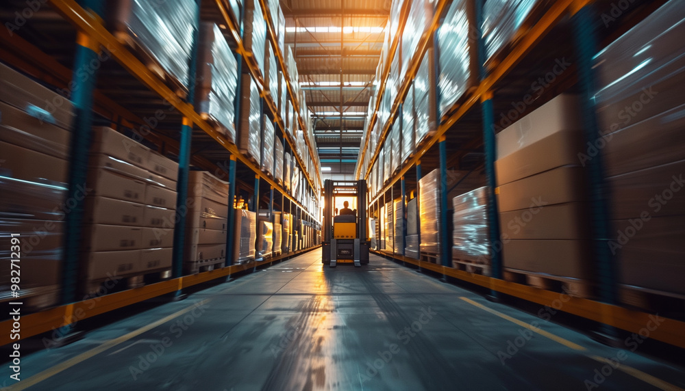 Obraz premium Vue dynamique et conceptuelle de l'intérieur d'un entrepot logistique ou d'une plateforme de stockage