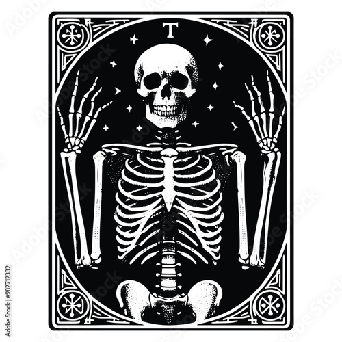 skelleton with tarot card in black and white illustrations, cutout graphic