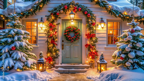 Vibrant winter wonderland scene with festive garland, twinkling lights, and a beautiful wreath adorning a welcoming front door, ready for the holiday season.