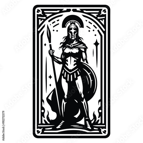 sparta female with tarot card in black and white illustrations, cutout graphic