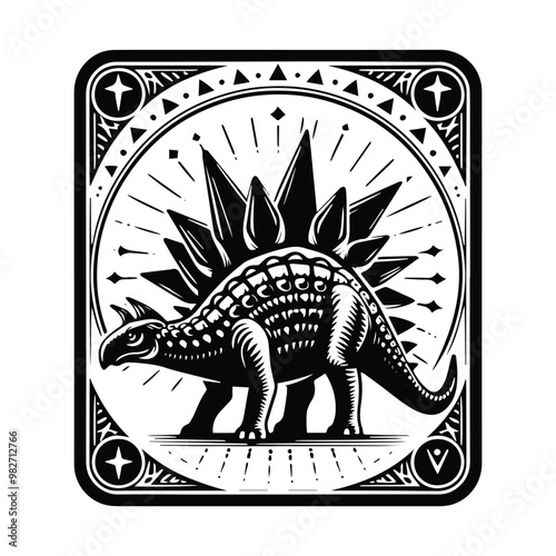 Stegosaurus with tarot card decoration in black and white illustrations, cutout graphic