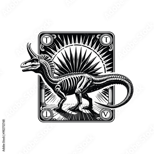 Spinosaurus with tarot card decoration in black and white illustrations, cutout graphic