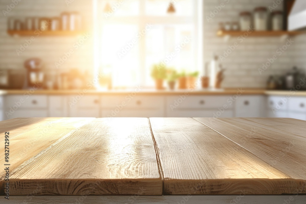 Beige Empty wooden table with the bright white interior of the kitchen as a blurred background behind the bokeh golden sunshine , ai Beige Empty wooden table with the bright white interior of the kitchen as a blurred background behind the bokeh golden sunshine , ai