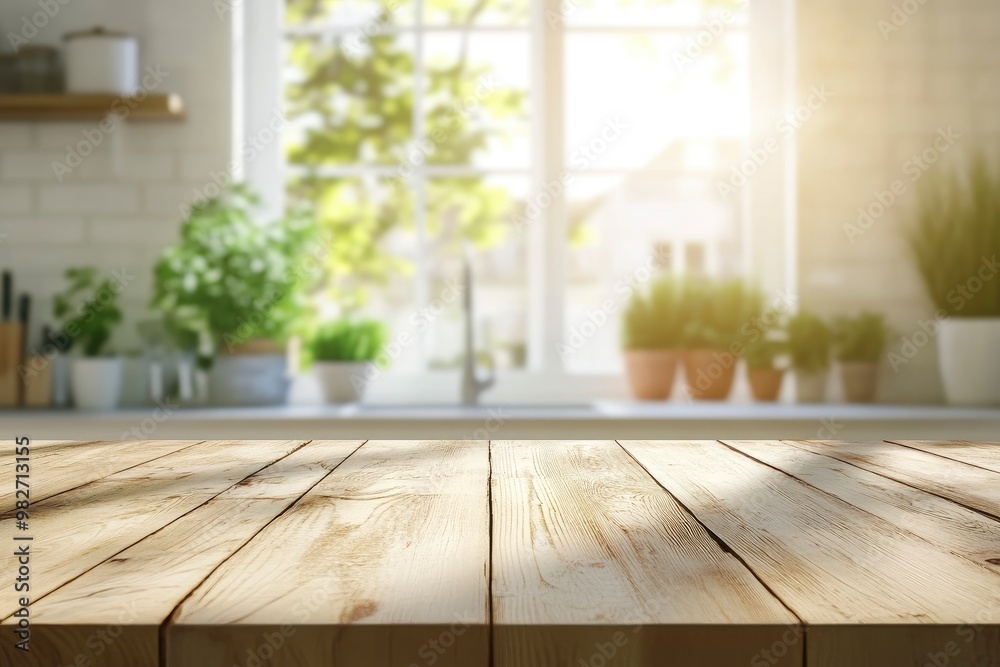 Beige Empty wooden table with the bright white interior of the kitchen as a blurred background behind the bokeh golden sunshine , ai Beige Empty wooden table with the bright white interior of the kitchen as a blurred background behind the bokeh golden sunshine , ai