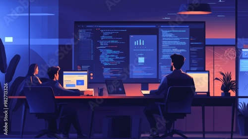 Small tech startup with a team coding and discussing app development, modern office setup with large screens displaying progress