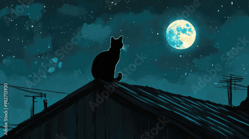 A black cat silhouette perches gracefully on a rooftop, its form clearly outlined against the bright, glowing moon, casting an air of mystery and enchantment over the scene.