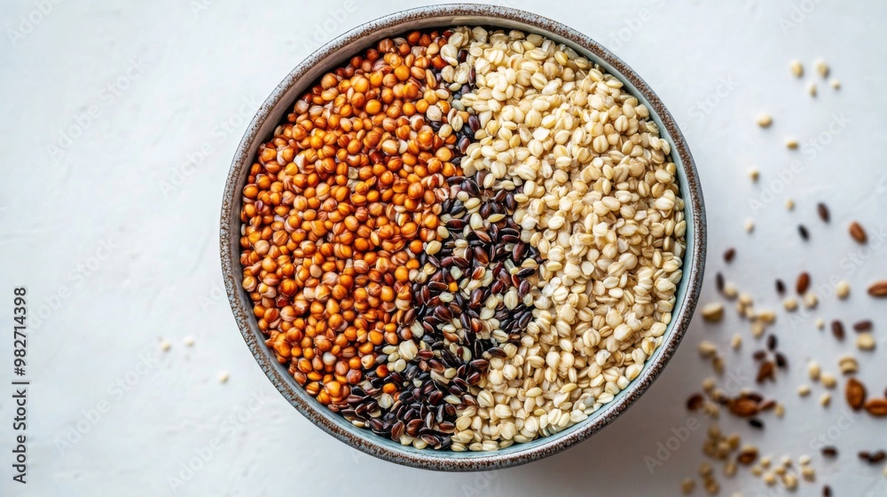 A close-up of a bowl filled with a colorful mix of whole grains, including quinoa, barley, and farro, set against a clean, white background. A close-up of a bowl filled with a colorful mix of whole grains, including quinoa, barley, and farro, set against a clean, white background.