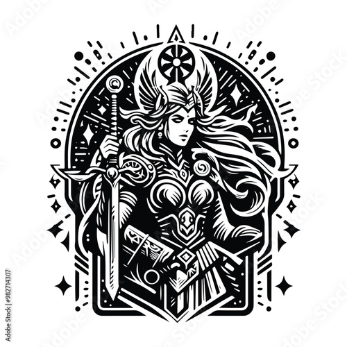 Valkyrie goddess with tarot card decoration in black and white illustrations, cutout graphic