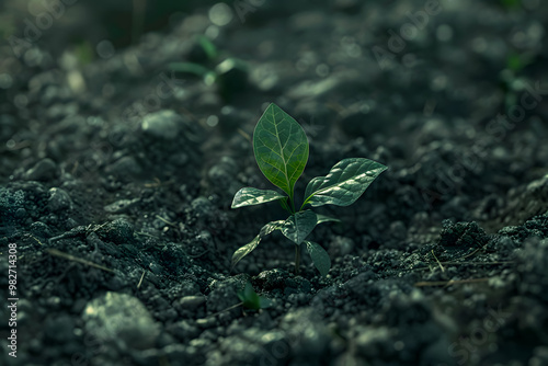 Young plant springing up out of the soil. The plant is small and has a lot of leaves. food security banner