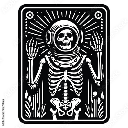 vintage diving suit skeleton with tarot card in black and white illustrations, cutout graphic