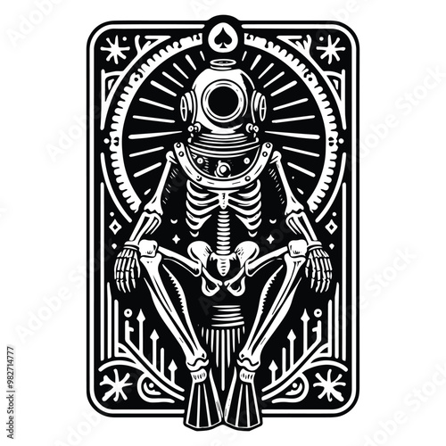 vintage diving suit skeleton with tarot card decoration in black and white illustrations, cutout graphic