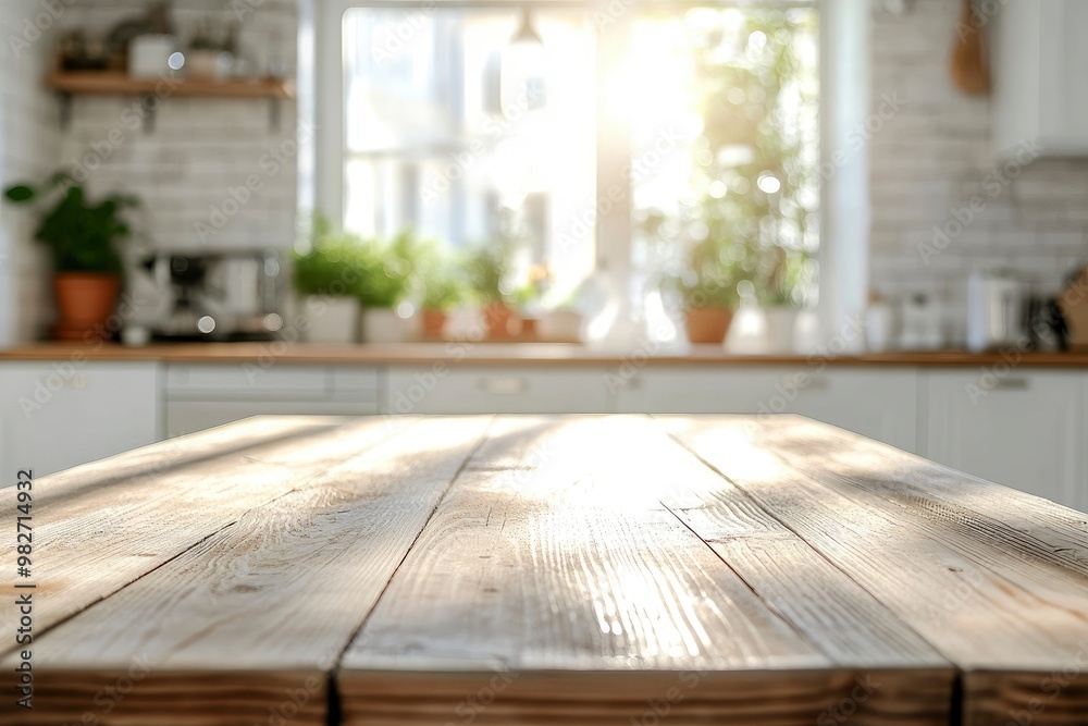Beige Empty wooden table with the bright white interior of the kitchen as a blurred background behind the bokeh golden sunshine , ai Beige Empty wooden table with the bright white interior of the kitchen as a blurred background behind the bokeh golden sunshine , ai