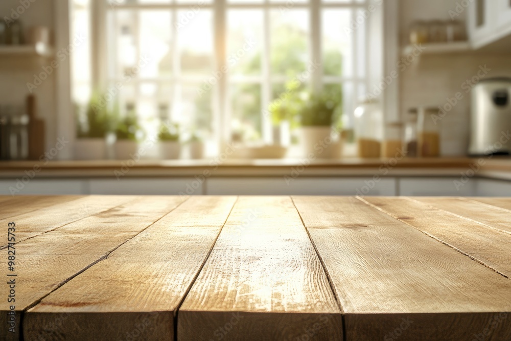 Beige Empty wooden table with the bright white interior of the kitchen as a blurred background behind the bokeh golden sunshine , ai Beige Empty wooden table with the bright white interior of the kitchen as a blurred background behind the bokeh golden sunshine , ai