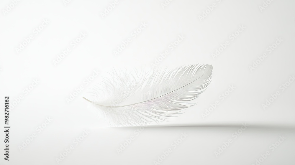Obraz premium A single fluffy white feather falling in slow motion, its details captured against a clean, minimalist white background.