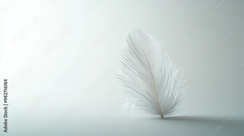 Obraz premium A single fluffy white feather falling in slow motion, its details captured against a clean, minimalist white background.