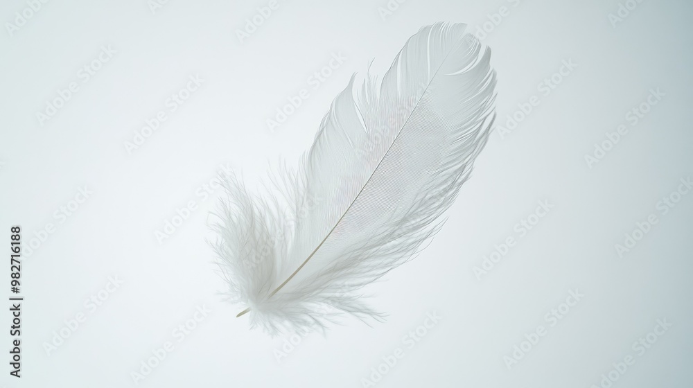 A single fluffy white feather falling in slow motion, its details captured against a clean, minimalist white background. A single fluffy white feather falling in slow motion, its details captured against a clean, minimalist white background.