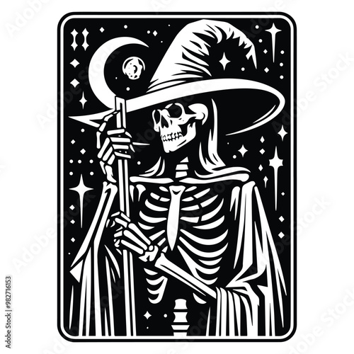 wizard skeleton with tarot card decoration in black and white illustrations, cutout graphic