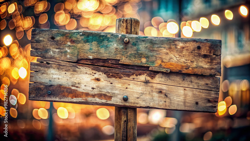 A worn, faded wooden sign with weathered letters nailed to a rusty metal pole, leaning against a blurred, bokeh background, conveying apathy. photo