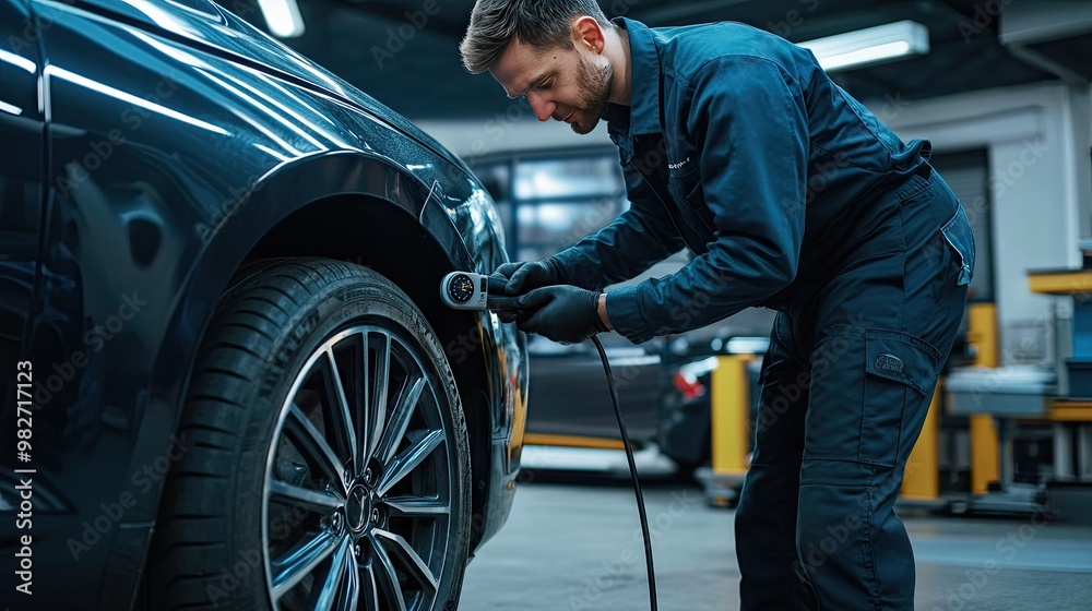 A technician checking tire pressure on a car at an auto service station, using digital tools to ensure precision. A technician checking tire pressure on a car at an auto service station, using digital tools to ensure precision.