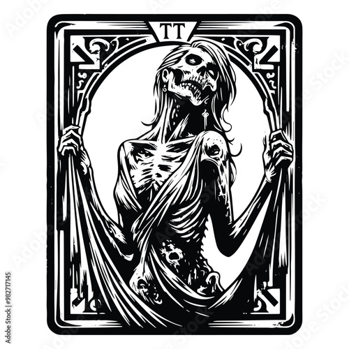 zombie female inside tarot card in black and white illustrations, cutout graphic