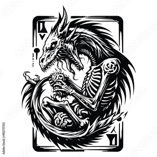zombie dragon with tarot card in black and white illustrations, cutout graphic