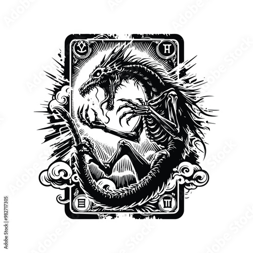 zombie dragon with tarot card in black and white illustrations, cutout graphic