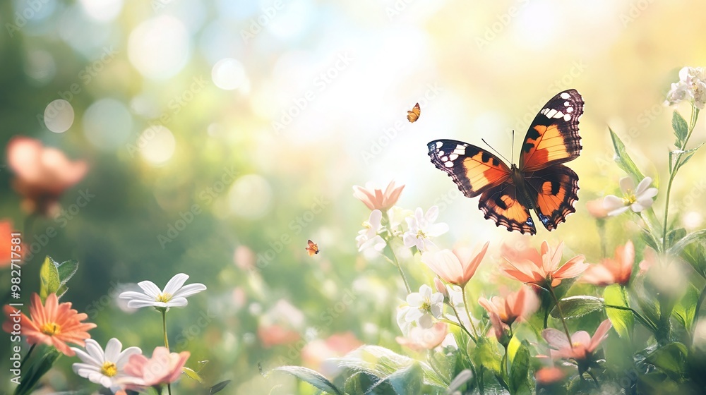 vibrant spring flower with a butterfly resting on it in front of an abstract nature background highlighting the beauty of the season vibrant spring flower with a butterfly resting on it in front of an abstract nature background highlighting the beauty of the season