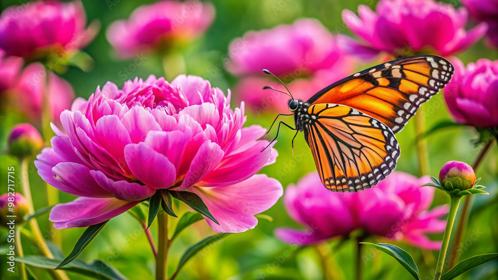 Naklejka premium Vibrant pink peony blooms in a lush green meadow, attracting a delicate monarch butterfly with orange and black wings to its sweet nectar.