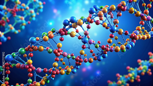 Colorful illustration of RNA molecule structure showing double helix shape with nucleotide bases adenine guanine cytosine and uracil floating in a blue background. photo