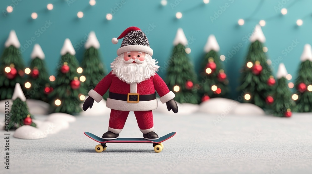 A 3d cartoonish Santa Claus is riding a skateboard A 3d cartoonish Santa Claus is riding a skateboard