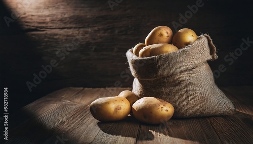 Fresh potatoes in a cloth sack sitting on a wooden table, showcasing a rustic, farm-to-table theme. The potatoes have a natural, earthy appearance with dirt still clinging to them photo