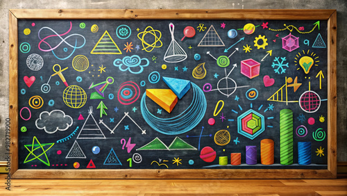 Vibrant colorful hand-drawn math symbols and equations scattered across a white chalkboard background, surrounded by swooping curves and playful geometric shapes.