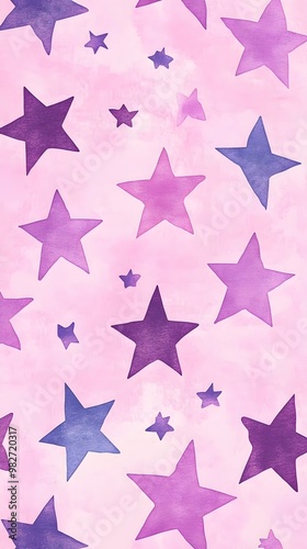 Purple Stars on Pink Background, Abstract Image, Texture, Pattern Background, Wallpaper, Cover and Screen for Smartphone, PC, Laptop, 9:16 and 16:9 Format