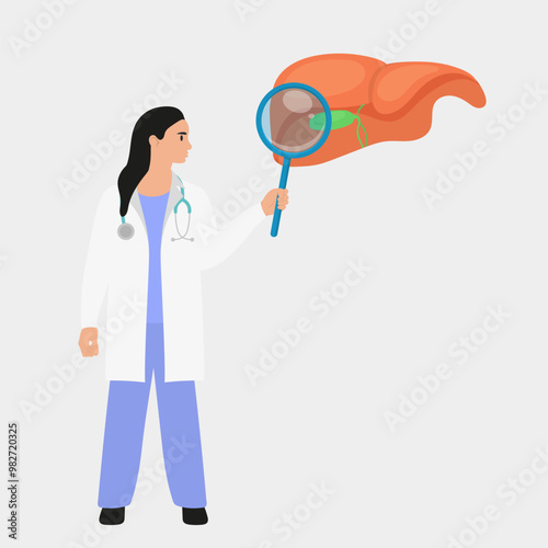Biliary dyskinesia, hepatitis or cirrhosis of the liver is a gastroenterological disease. Gastroenterologist with a magnifying glass, diagnosing the liver and gall bladder. Flat vector illustration.	