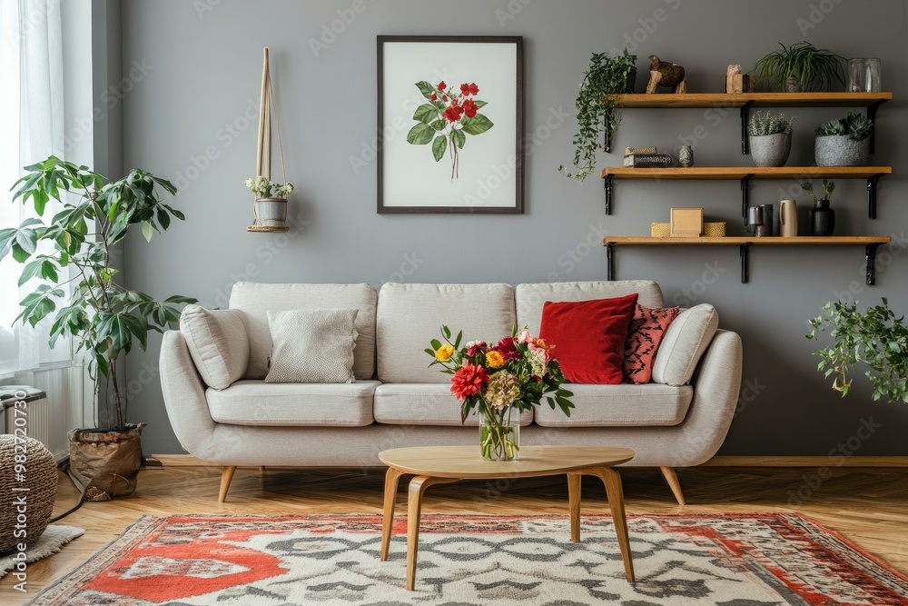 Fototapeta premium Sofa, decor on shelves, table with flowers in vase and picture on grey wall in interior of living room, ai