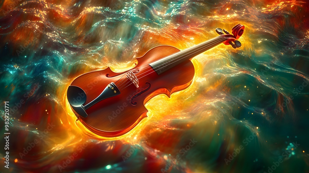 Fototapeta premium A 3D violin floating in a dreamy, swirling backdrop of colorful light and sound
