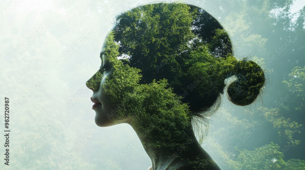 Concept of environment caring devotion, business sustainability and global warming protection shown by woman and green forest double exposure image Concept of environment caring devotion, business sustainability and global warming protection shown by woman and green forest double exposure image