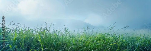 Beautiful summer natural landscape with lawn with cut fresh grass in early morning with light fog. Panoramic spring background.